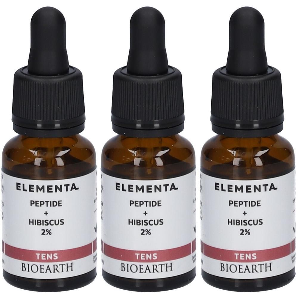 Drie glazen flesjes met druppelaar, etiket 'Elementa Peptide + Hibiscus 2%' en 'Bioearth'.