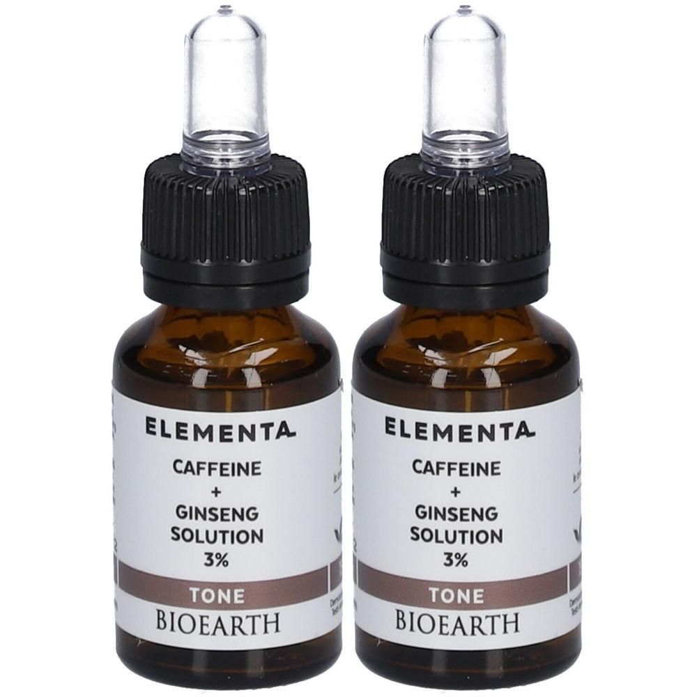 Twee flesjes met druppelaar: Elementa Cafeïne + Ginseng Oplossing 3% Tone Bioearth.