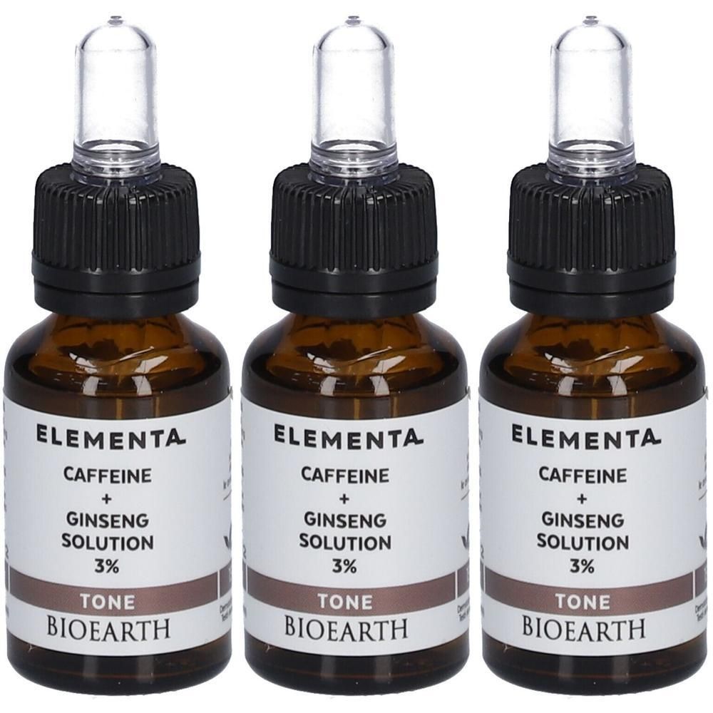 Trois flacons Bioearth Elementa Solution Caféine + Ginseng 3% avec bouchon compte-gouttes.