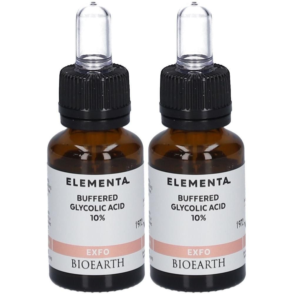 Twee bruine glazen flesjes met pipet. Elementa Buffered Glycolic Acid 10%.