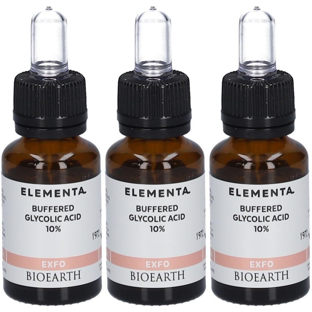 Trois flacons en verre avec compte-gouttes, Elementa Acide Glycolique Tamponné 10%.