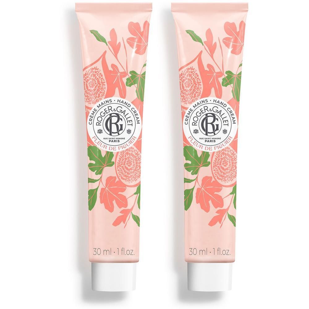 Twee tubes handcrème van Roger & Gallet met vijgenprint. 30 ml.