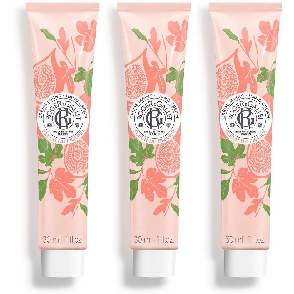 Drie tubes handcrème met vijgenmotief en Roger & Gallet logo. 30 ml.