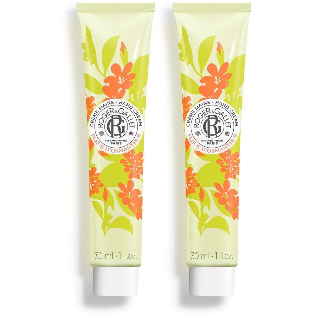 Deux tubes de crème pour les mains Roger & Gallet, motif Fleur d'Osmanthus.