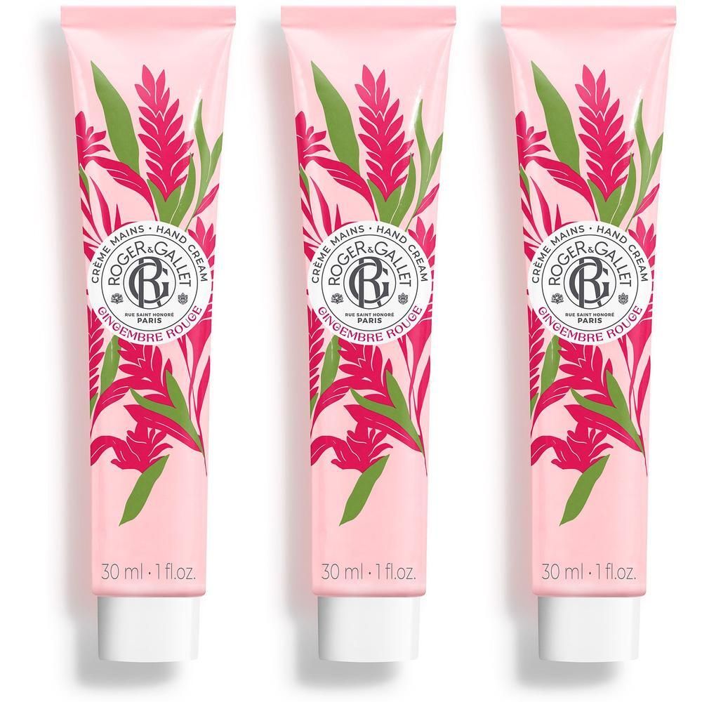 Drie tubes handcrème met rood gembermotief. 30 ml.