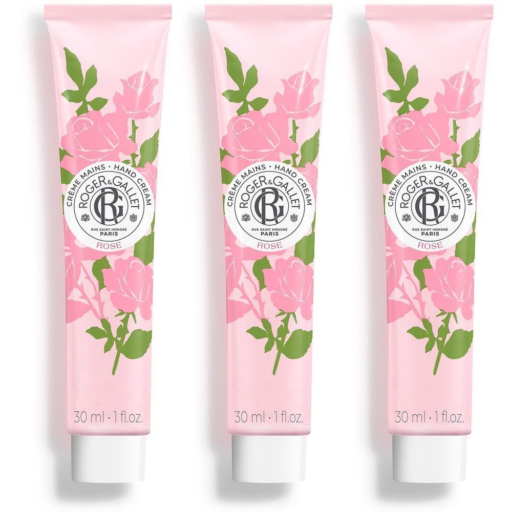 Drie roze handcrème tubes met rozenprint en witte dop. Roger & Gallet logo bovenaan. 30 ml - 1 fl.oz.