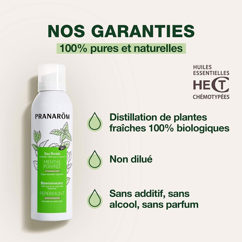 Eau florale Pranarôm Menthe Poivrée: 100% bio, non diluée, sans additifs.