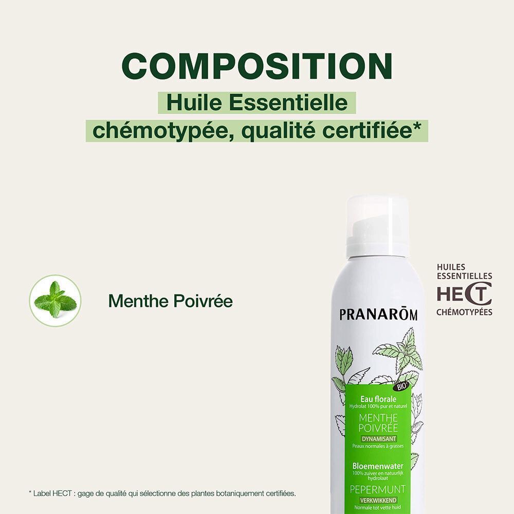 Eau florale Pranarôm Menthe Poivrée, huile essentielle, qualité certifiée.