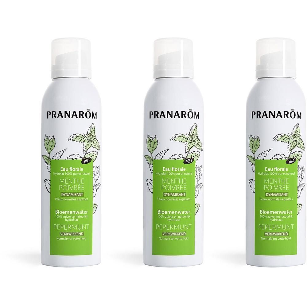 Trois flacons de spray Pranarôm Eau Florale Menthe Poivrée côte à côte.