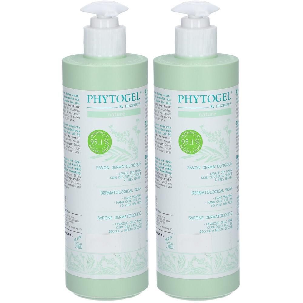Twee groene pompflesjes met Phytogel dermatologische zeep. Bevat 95,1% ingrediënten van natuurlijke oorsprong.