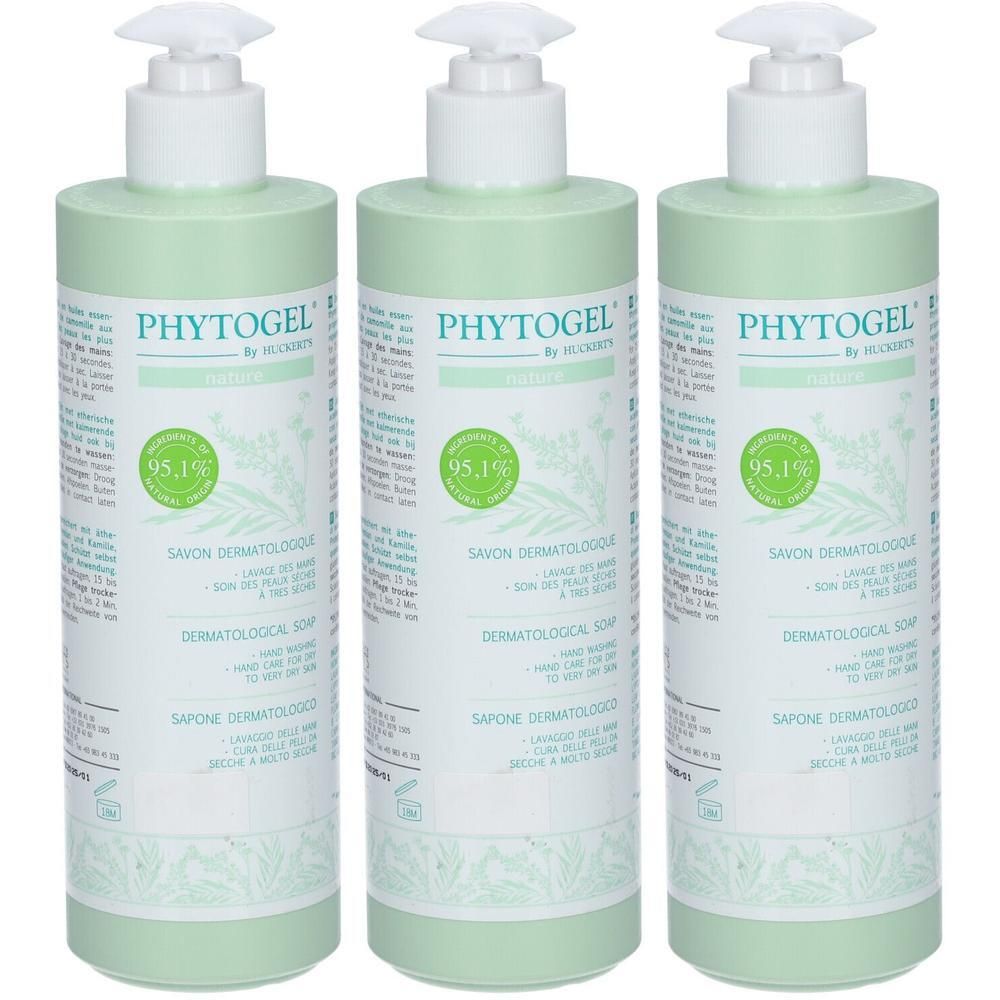 Trois flacons pompe verts Phytogel Savon Dermatologique avec têtes pompe blanches. Visible: 95,1%.
