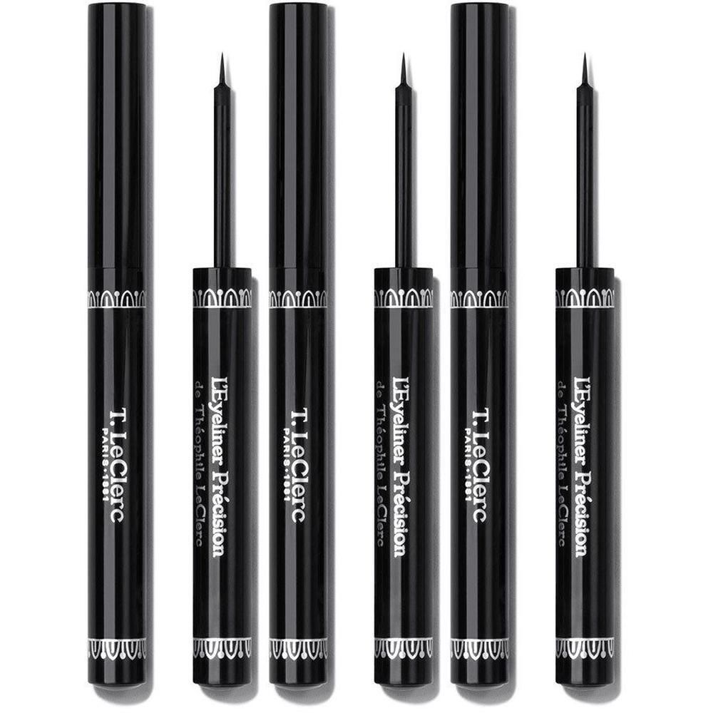 Trois eye-liners noirs avec applicateurs, marqués T. LeClerc L'Eyeliner Précision.