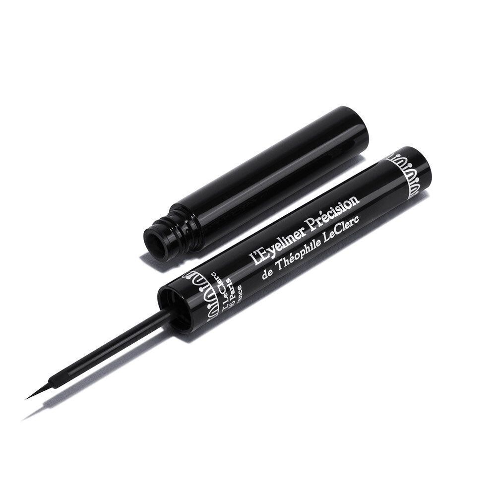 Un eye-liner noir avec applicateur, ouvert, marqué T. LeClerc L'Eyeliner Précision.