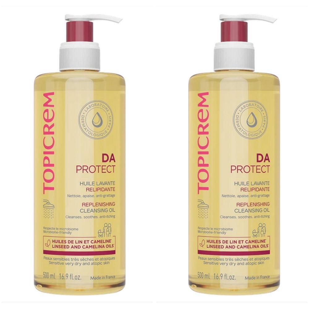 Deux flacons d'huile lavante relipidiante Topicrem DA Protect avec distributeurs à pompe.
