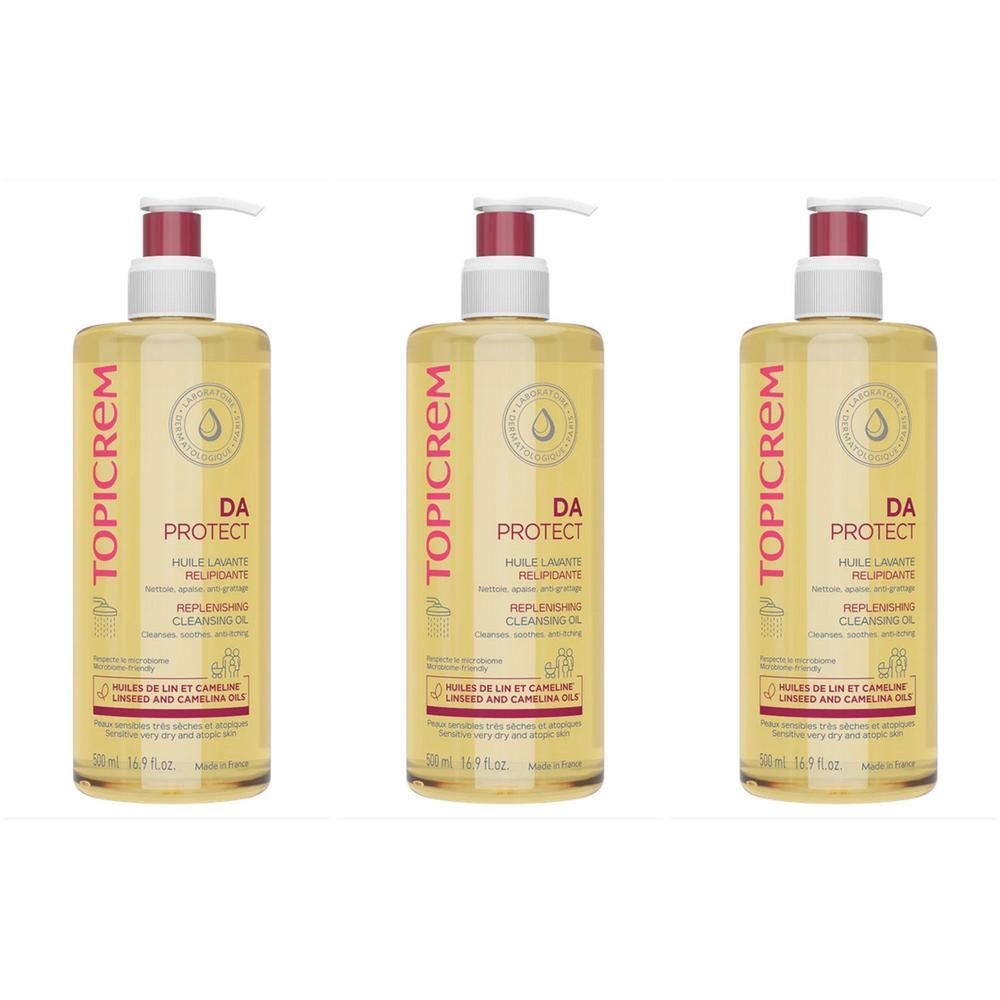 Trois flacons d'Huile Lavante Relipidiante Topicrem DA Protect avec distributeurs à pompe.