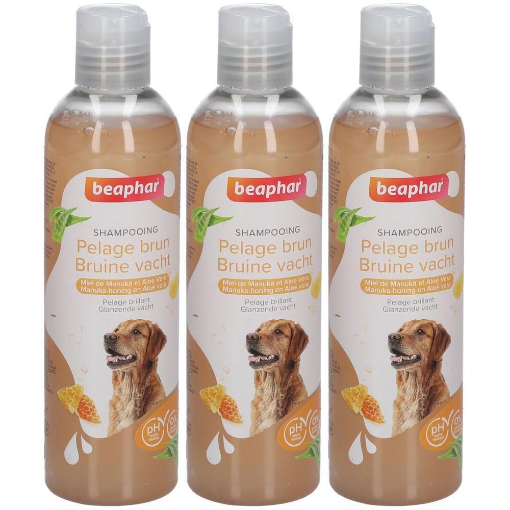 Drie flessen Beaphar hondenshampoo voor bruine vacht met hondenafbeelding en honing.