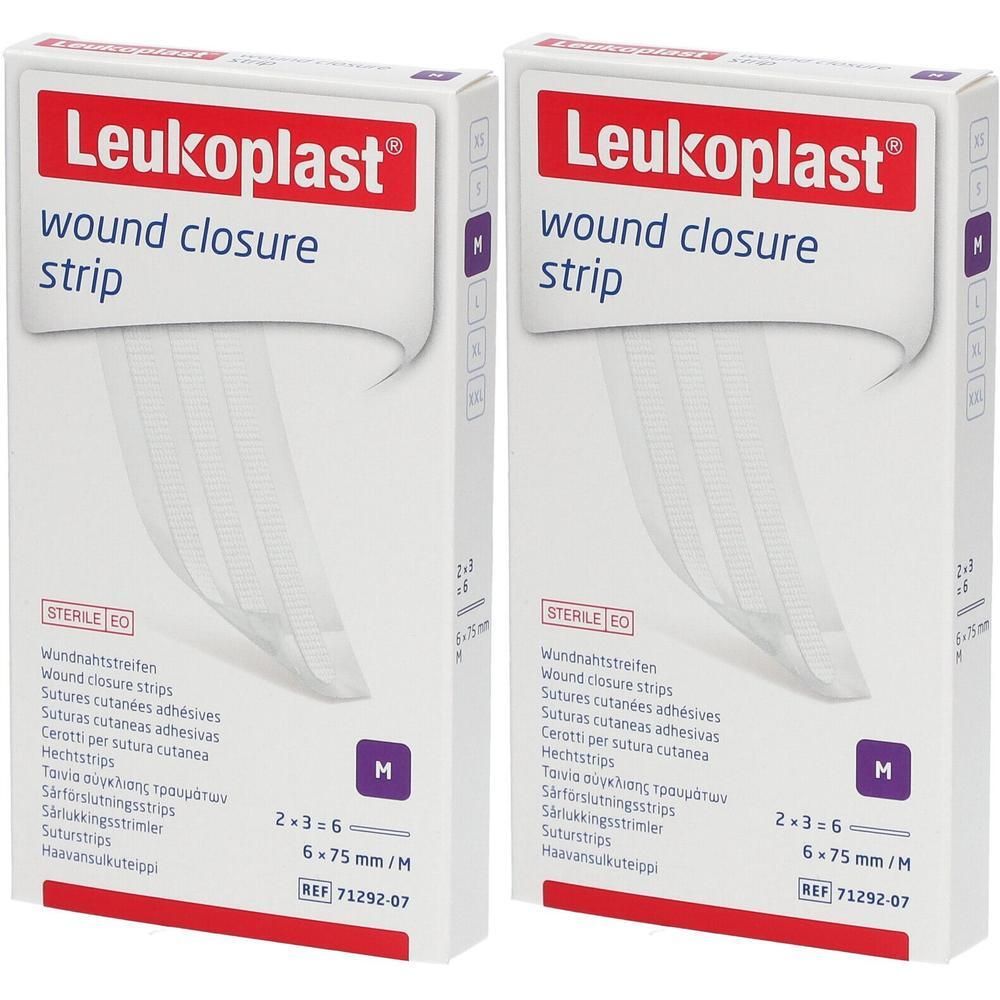 Twee pakken Leukoplast wondsluitingstrips, steriel, maat M, 6 x 75 mm.