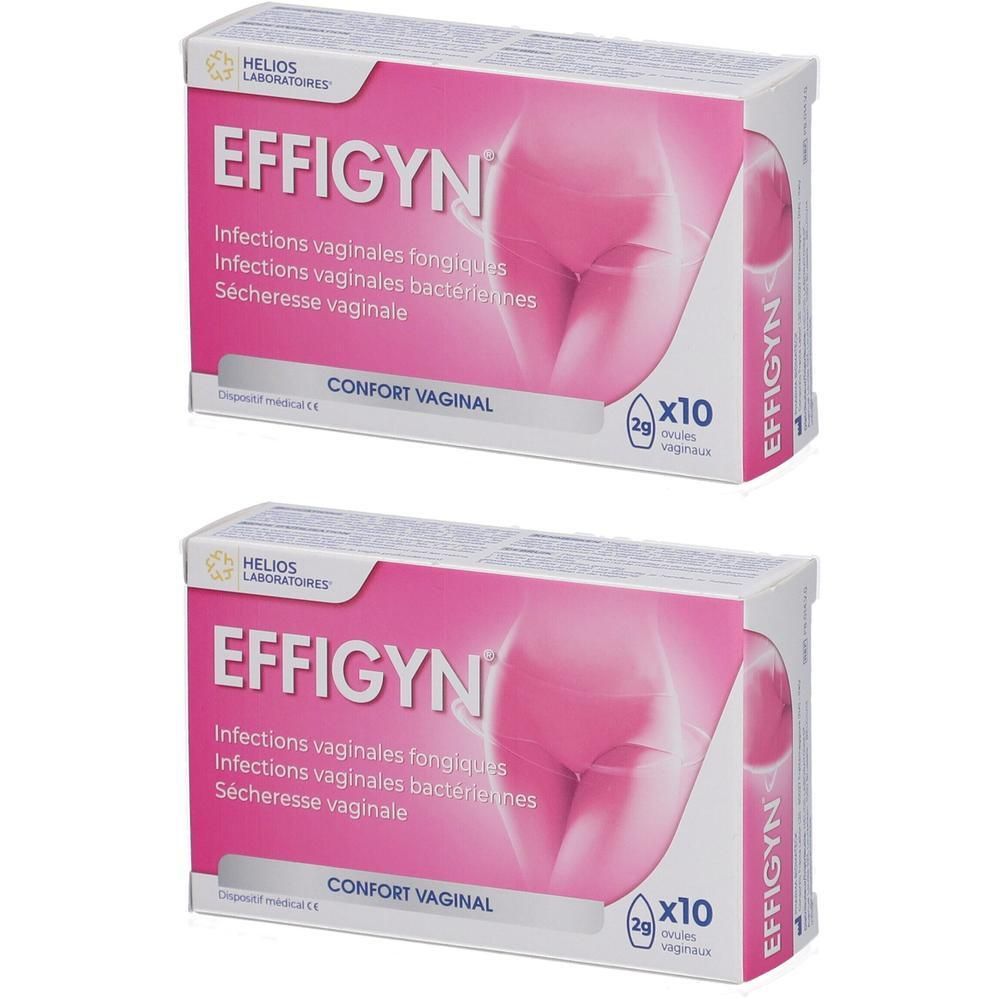 Deux boîtes Effigyn, chacune contenant 10 ovules pour le traitement des infections fongiques, bactériennes et de la sécheresse vaginale.