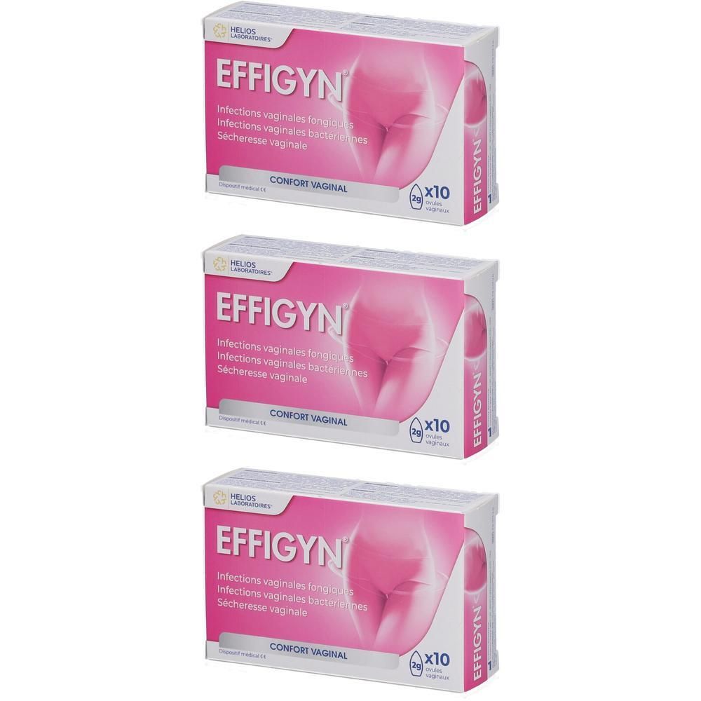 Drie pakken Effigyn van elk 10 vaginale ovules. Roze verpakking met anatomische afbeelding.