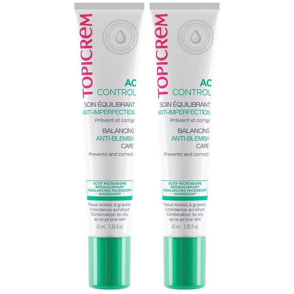 Deux tubes Topicrem AC Control Soin Équilibrant Anti-Imperfections avec bouchons verts.