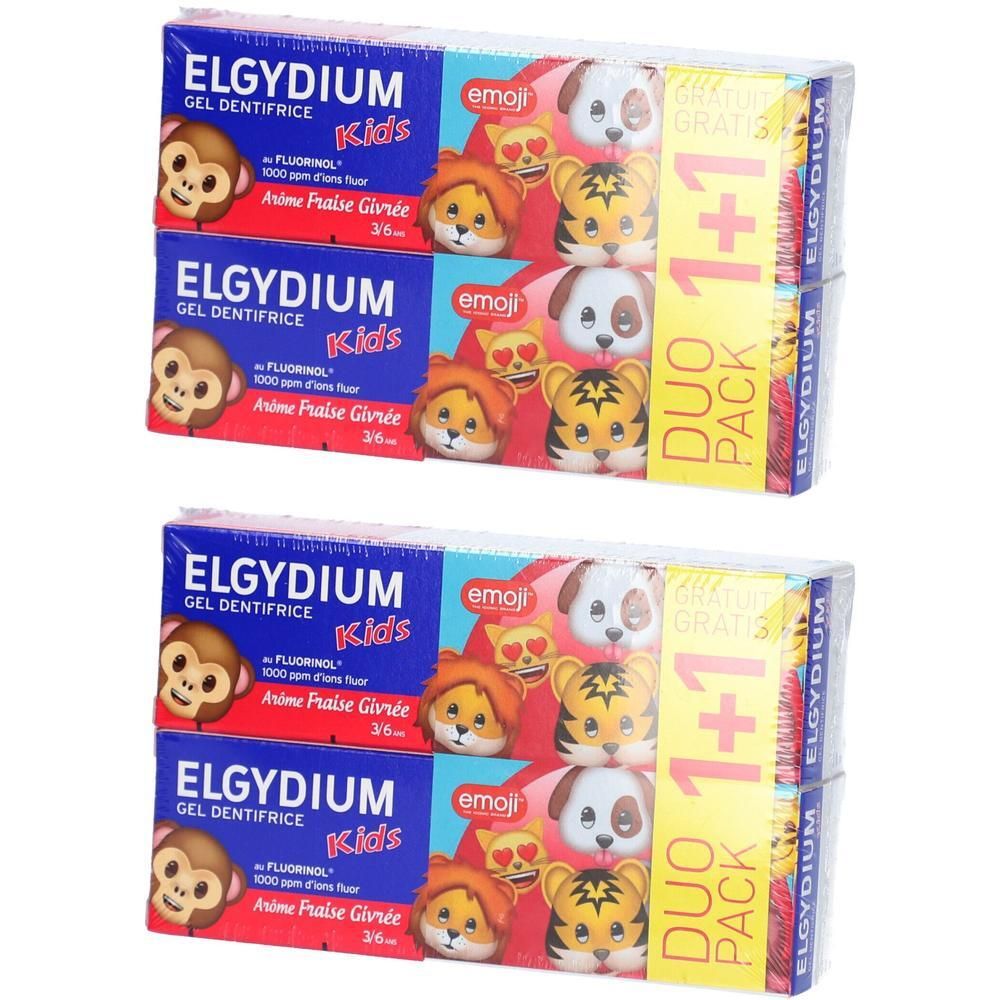 Deux paquets de dentifrice gel Elgydium Kids Fraise Givrée, 1+1 gratuit.
