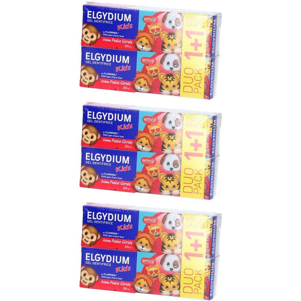 Elgydium Kids Emoji Tandpasta Duo Pack aardbeiensmaak. Toont aap-, hond- en tijger-emoji's.