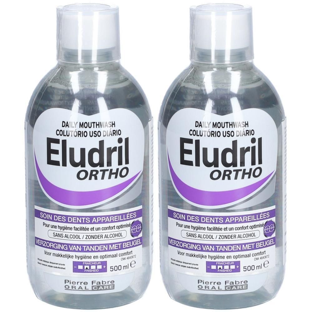 Twee flessen Eludril Ortho mondspoeling, 500ml.