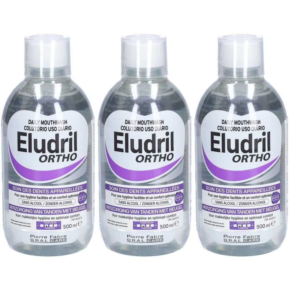 Drie flessen Eludril Ortho mondspoeling, 500ml.