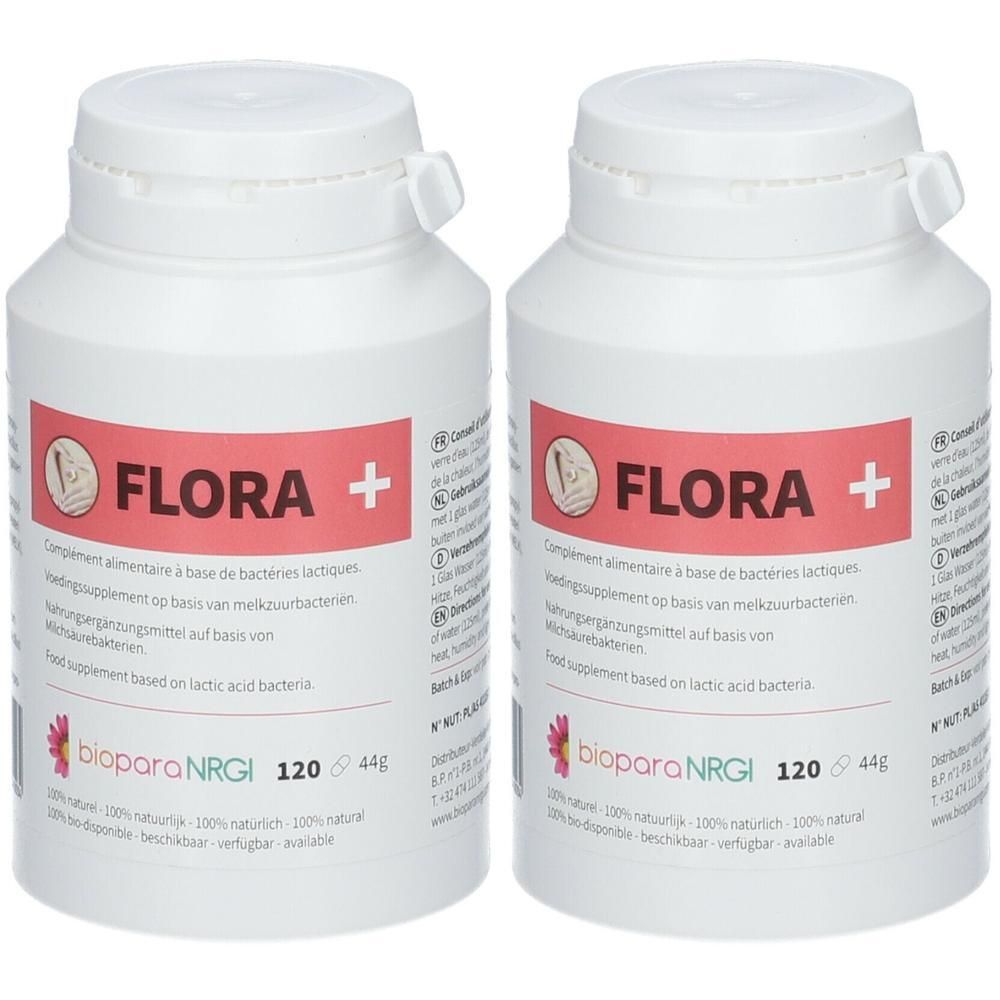 Deux contenants blancs de supplément Flora+, à base de bactéries lactiques.