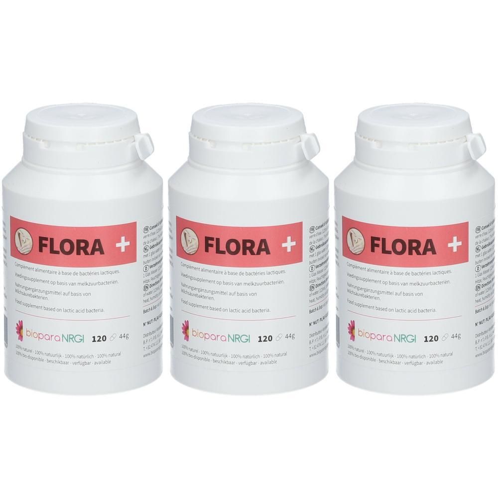 Drie witte potjes met Flora+ etiket. Bevat 120 capsules per potje.
