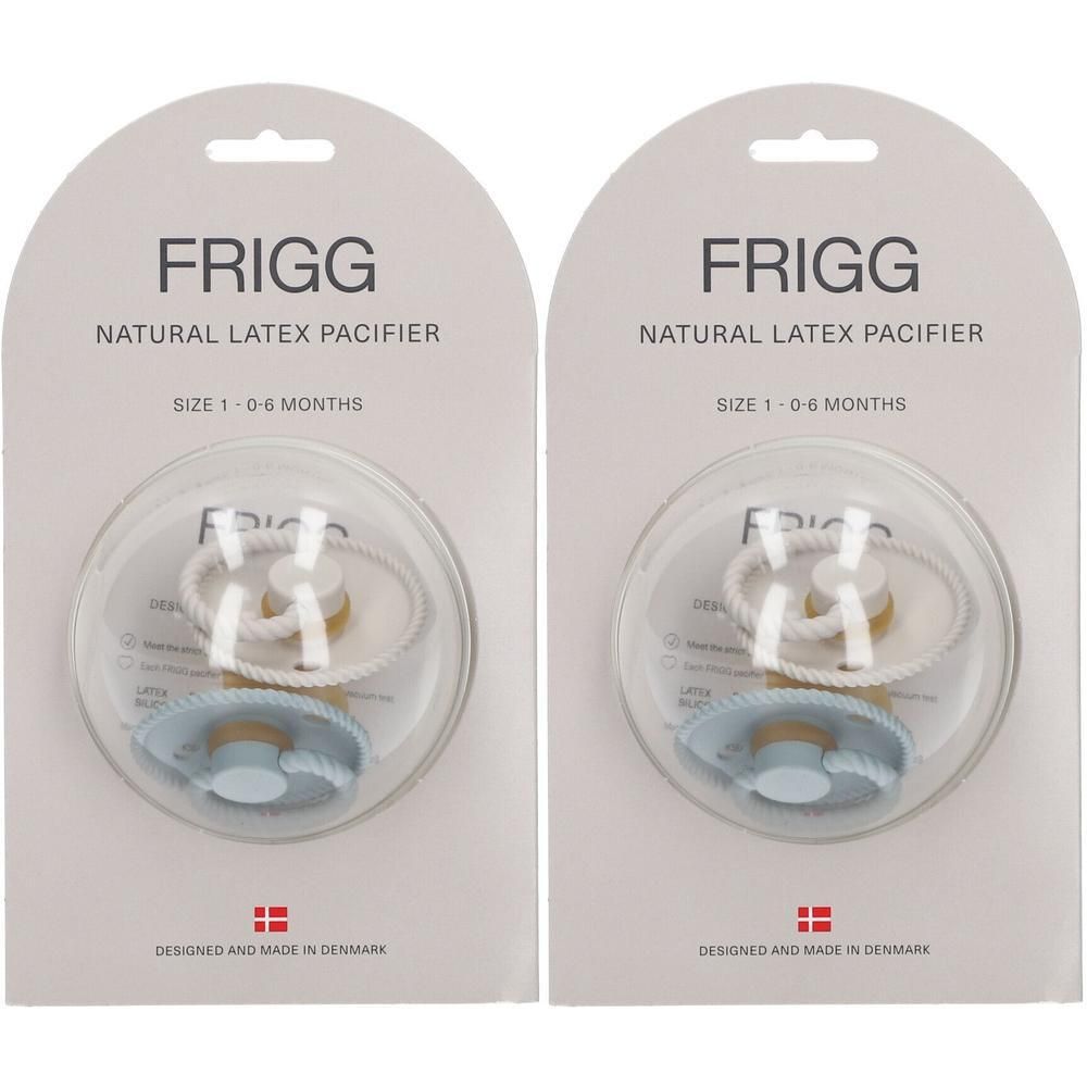 Twee FRIGG latex spenen, maat 1 (0-6 maanden), zilver-grijs, verpakt.
