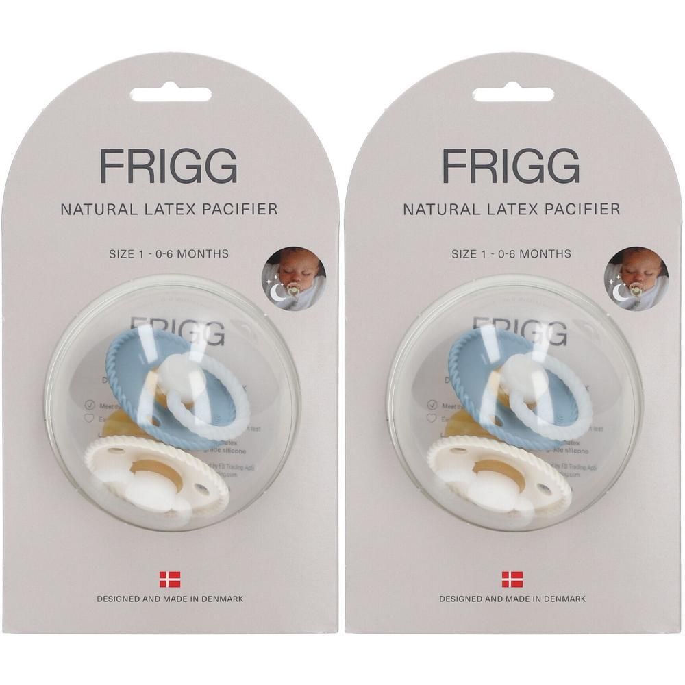 Twee FRIGG latex spenen, kleur crème, maat 1 (0-6 maanden), in individuele verpakking.