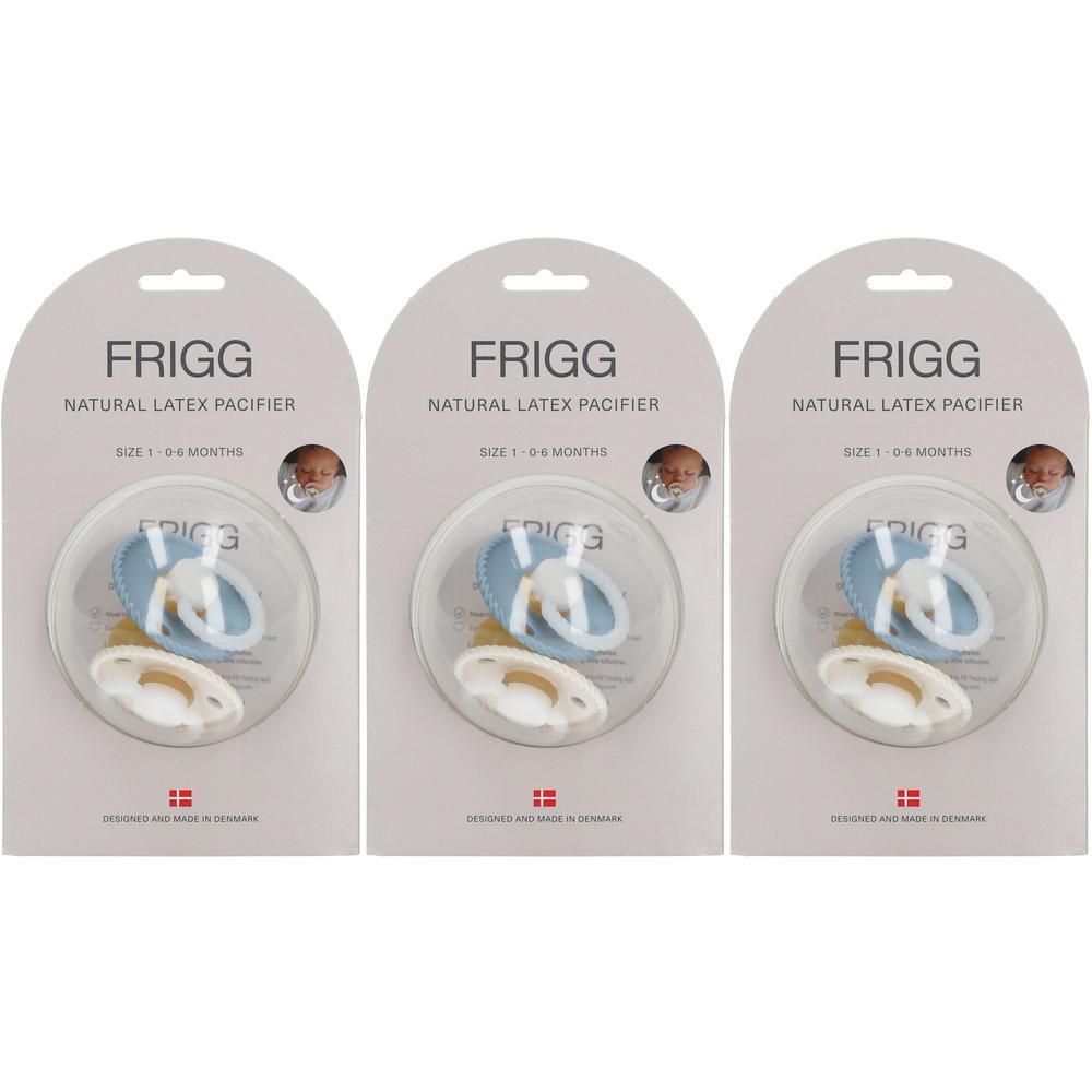 Drie verpakkingen FRIGG natuurlijke latex spenen, maat 1 (0-6 maanden), in crème en lichtblauw.