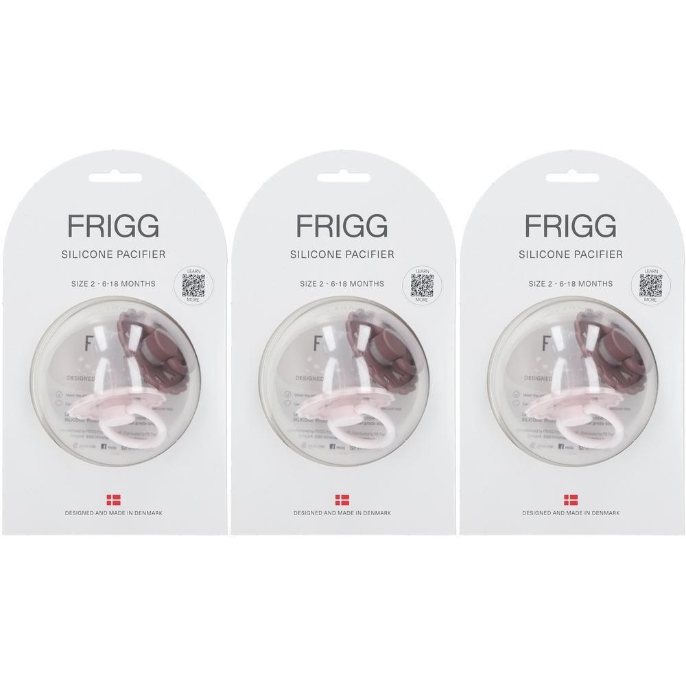 Drie FRIGG siliconen fopspeen roze, maat 2 (6-18 maanden), verpakt.