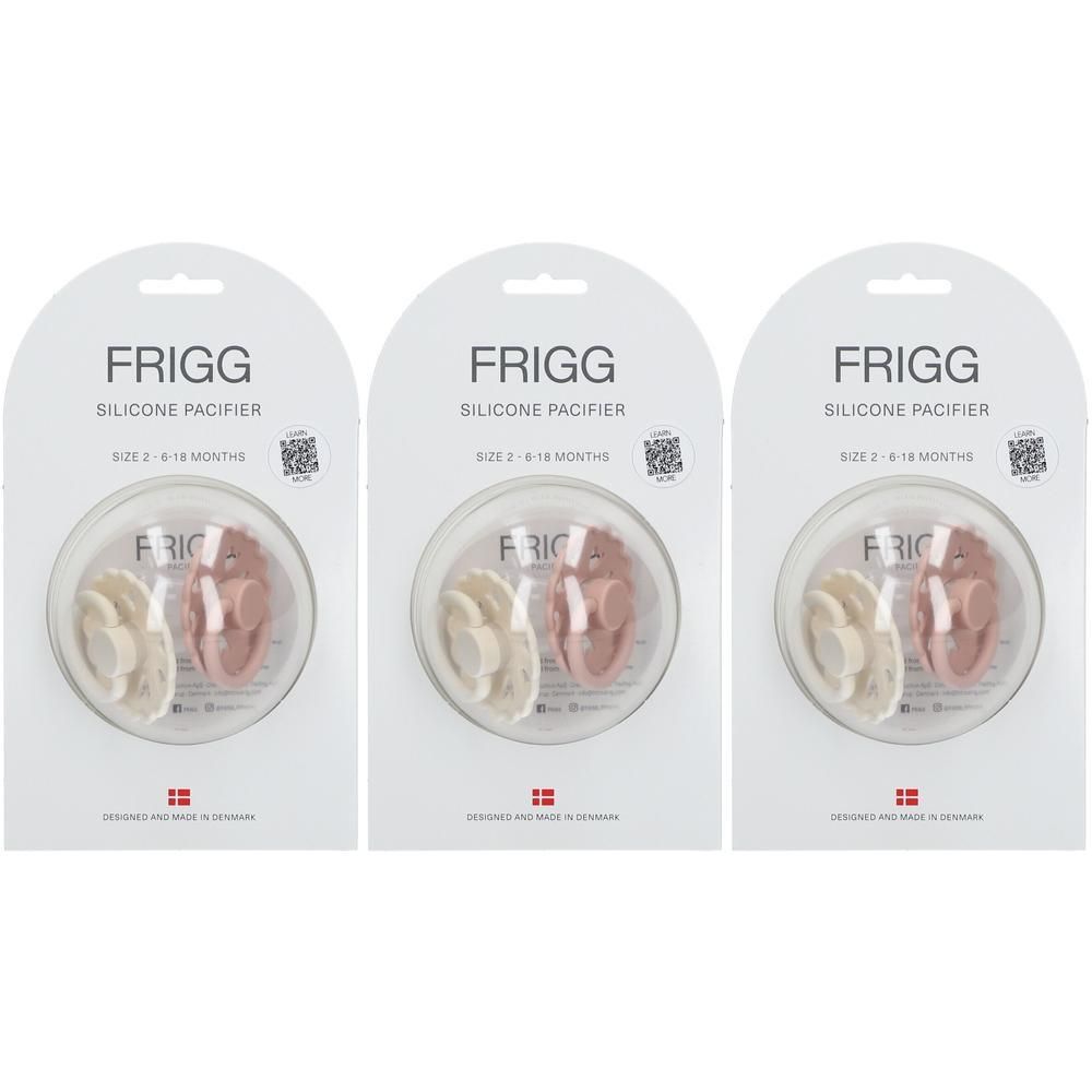 Trois paquets de sucettes en silicone FRIGG, taille 2 (6-18 mois), roses et beiges.