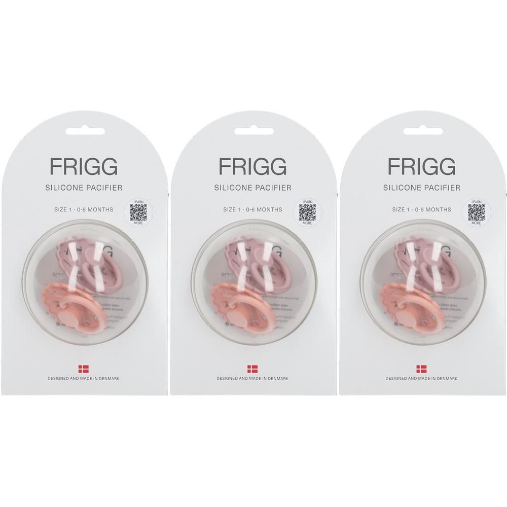 Trois sucettes FRIGG en silicone, tailles 1 (0-6 mois), rose et pêche, en emballages individuels.