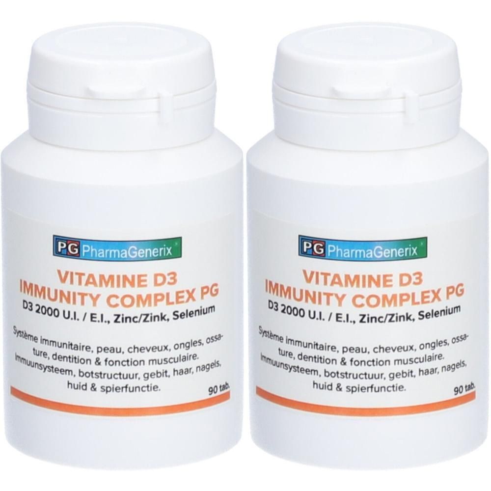 Twee flessen Pharmagenerix Vitamine D3 Immunity Complex, elk 90 tabletten.