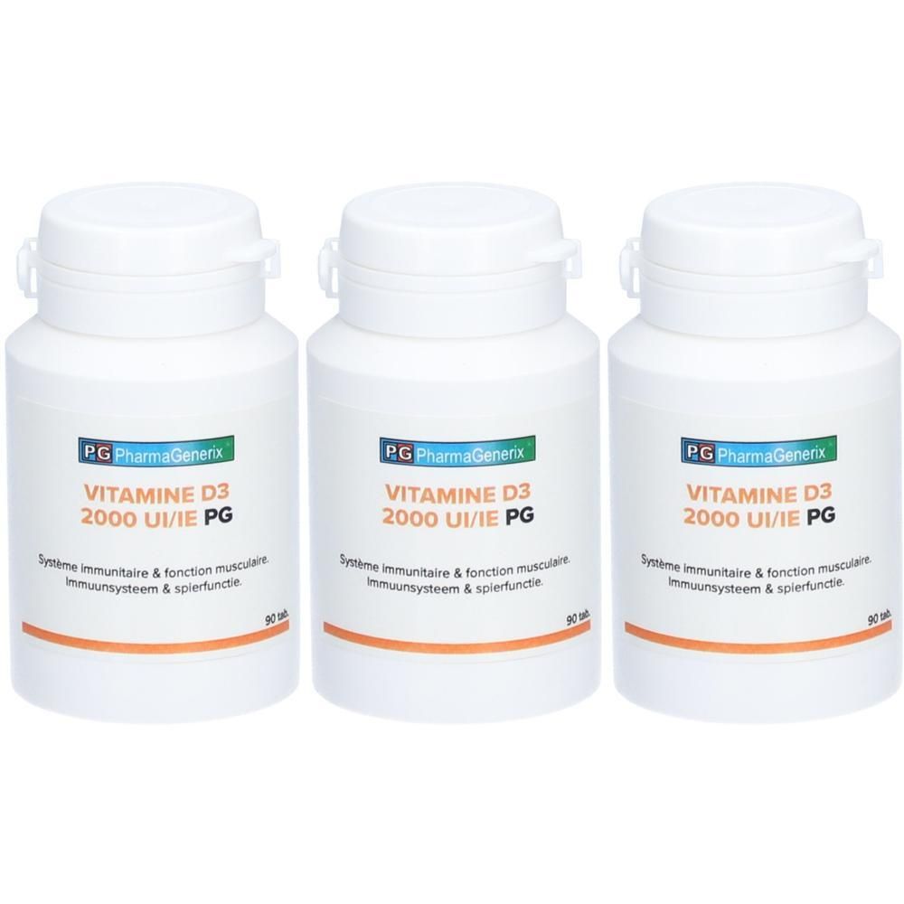 Trois flacons de Pharmagenerix Vitamine D3 2000 UI/IE PG. Pour le système immunitaire et les fonctions musculaires.