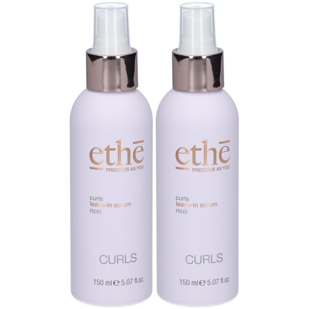Deux flacons de sérum sans rinçage Ethè Curls pour cheveux bouclés, 150 ml chacun.