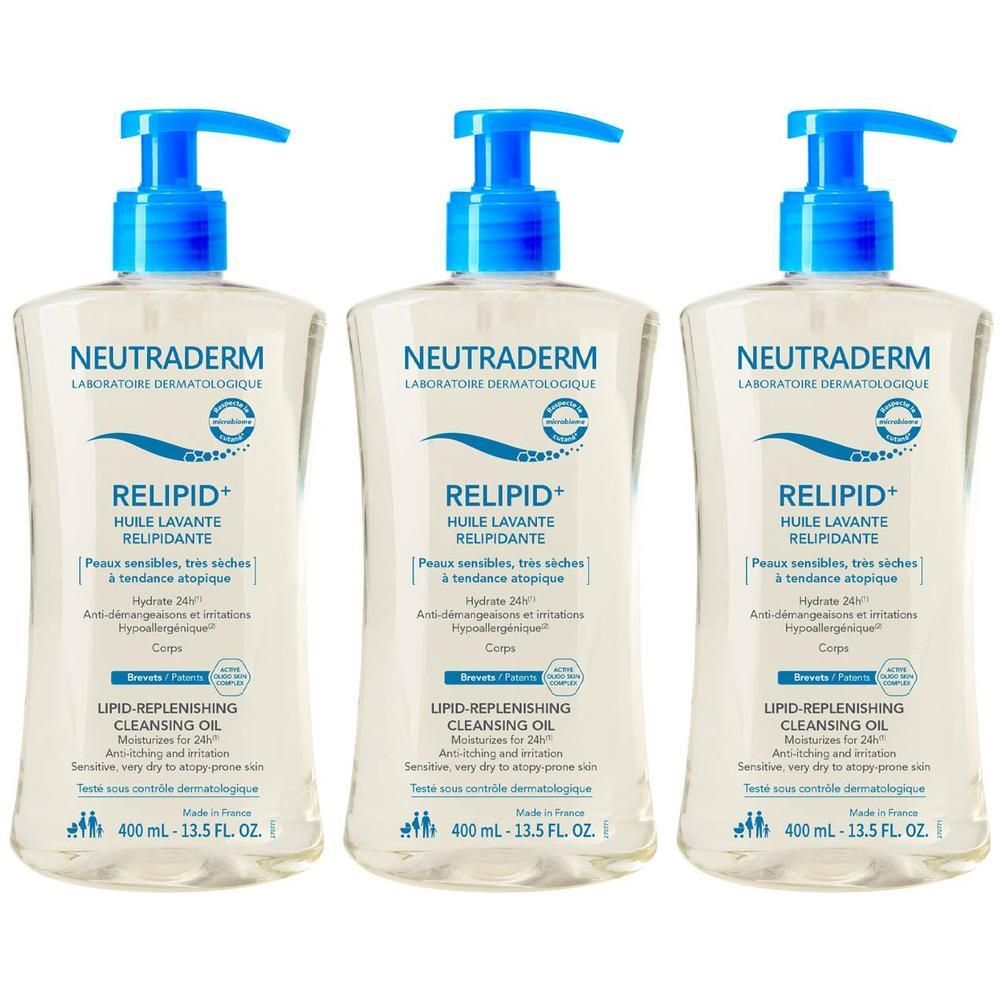 Drie flessen Neutraderm Relipid+ Huile Lavante Relipidante met pompdoseringen.