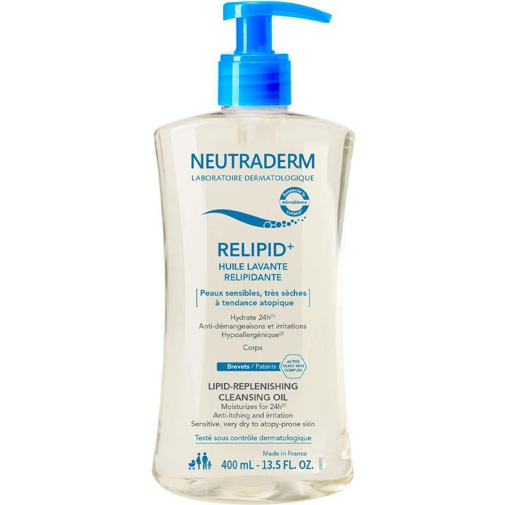 Flacon Neutraderm Relipid+ Huile Lavante Relipidante avec pompe, 400 ml.
