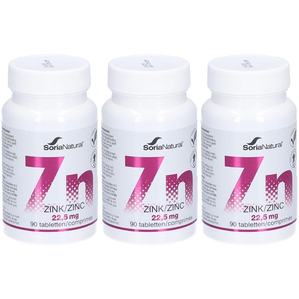 Trois flacons de Soria Natural Zinc 22,5 mg, 90 comprimés par flacon.