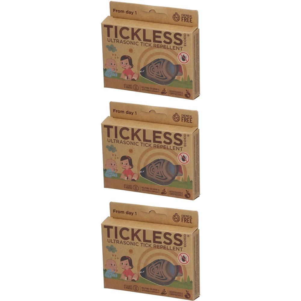 Drie pakken Tickless ultrasone tekenverjager. Kartonnen verpakking met productafbeelding en tekst.