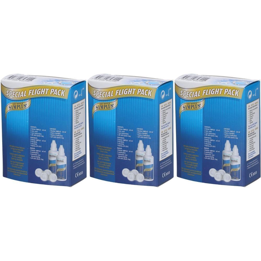 Drie dozen Bausch & Lomb Simplus Special Flight Pack met elk twee kleine flesjes en drie lenzenbakjes.