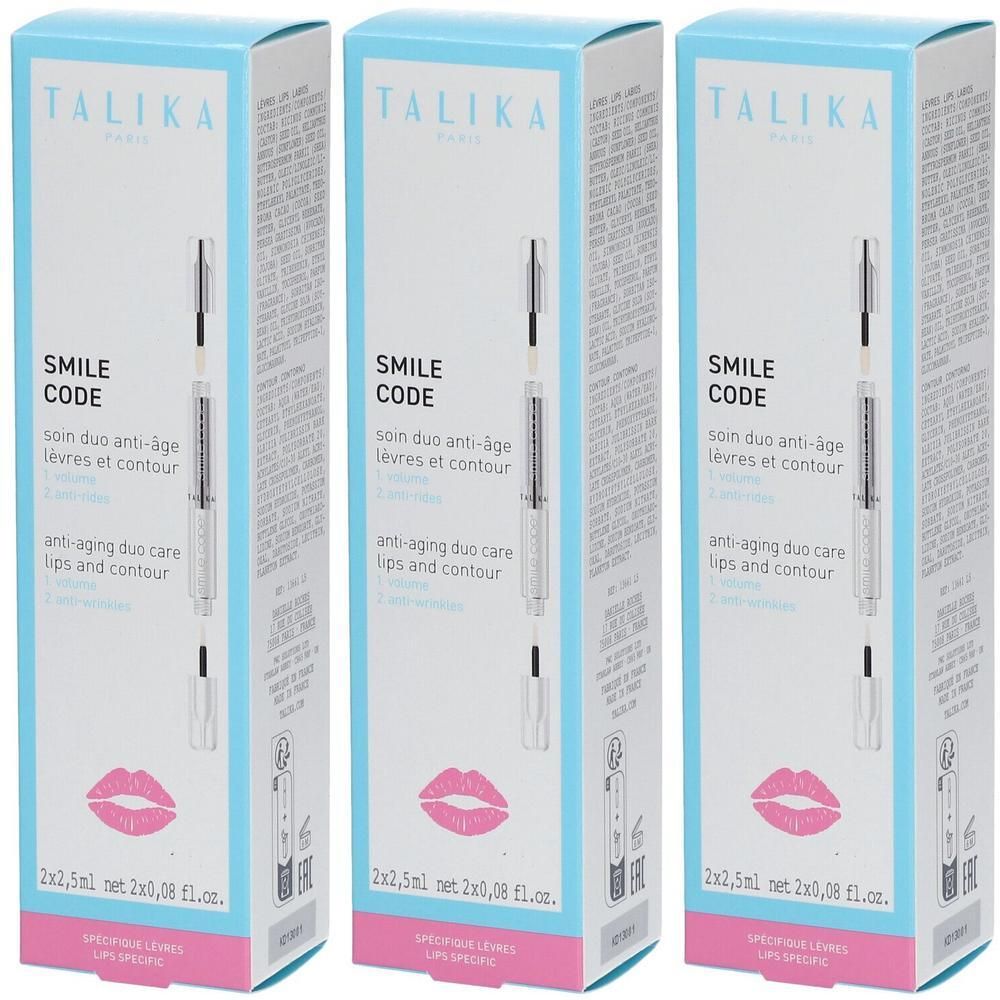 Drie dozen TALIKA Smile Code lippenverzorging. Elke doos toont een pen met dubbele punt en een lippenillustratie.
