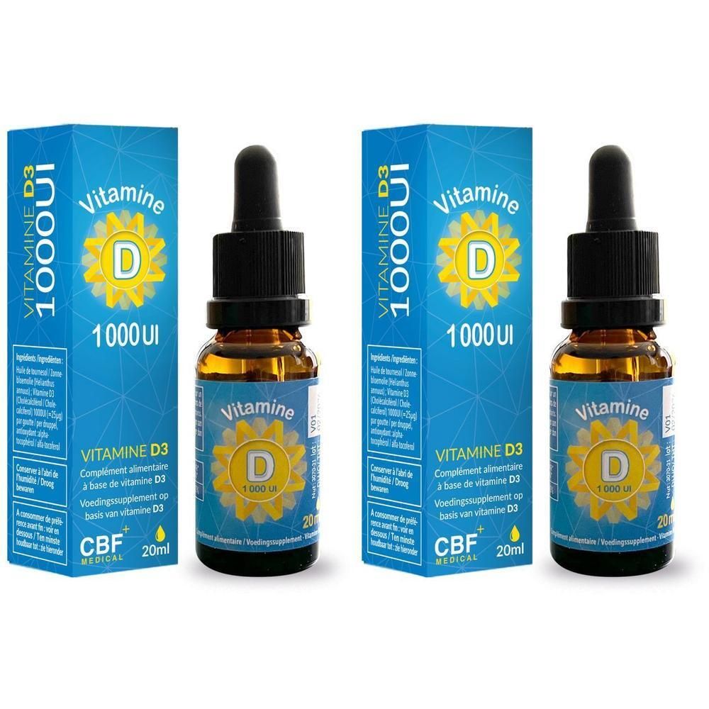 Twee flesjes Vitamine D3 1000 UI met pipetten en verpakkingsdozen.