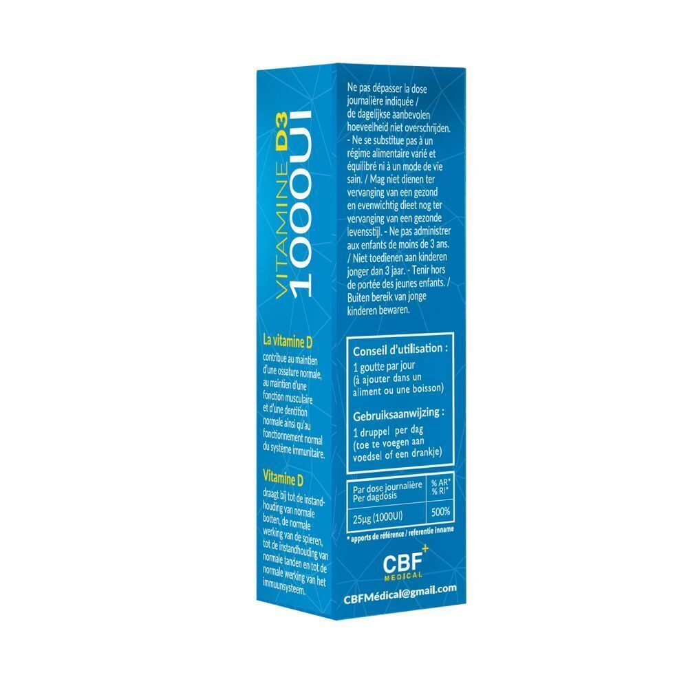 Achterkant van een verpakkingsdoos voor Vitamine D3 1000 UI met gebruiksinstructies.