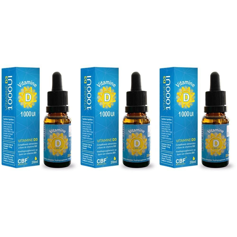 Drie flesjes Vitamine D 1000 UI met pipetten en doosjes.