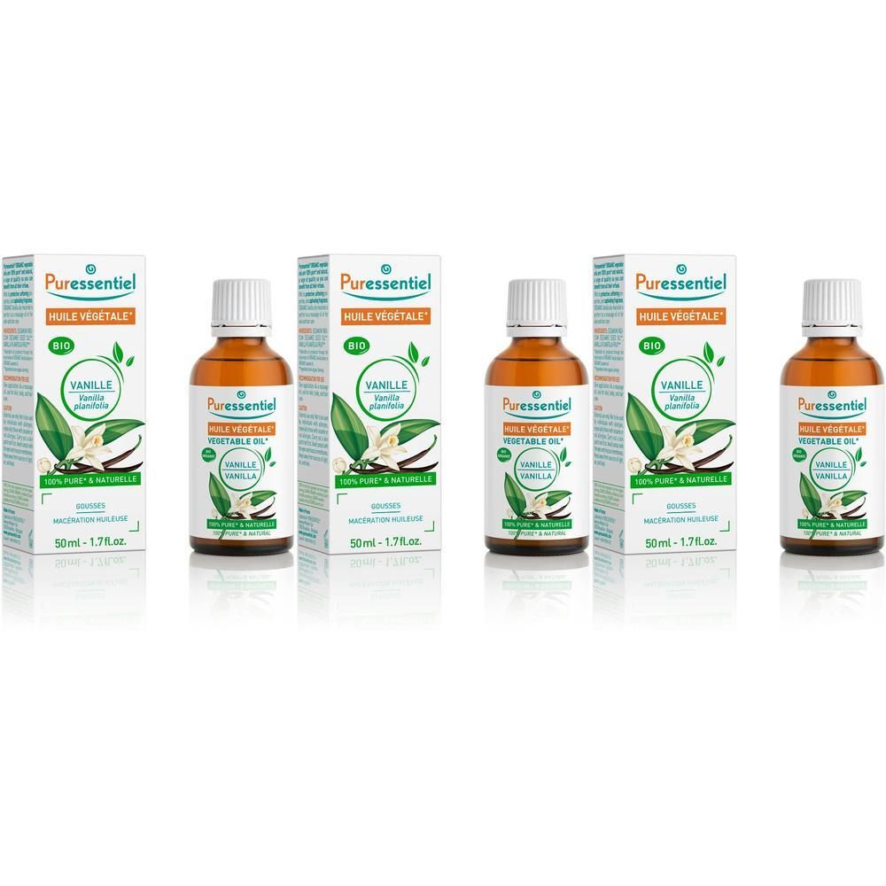 Vier flessen Puressentiel Vanille plantaardige olie met doosjes. Elke fles bevat 50ml.