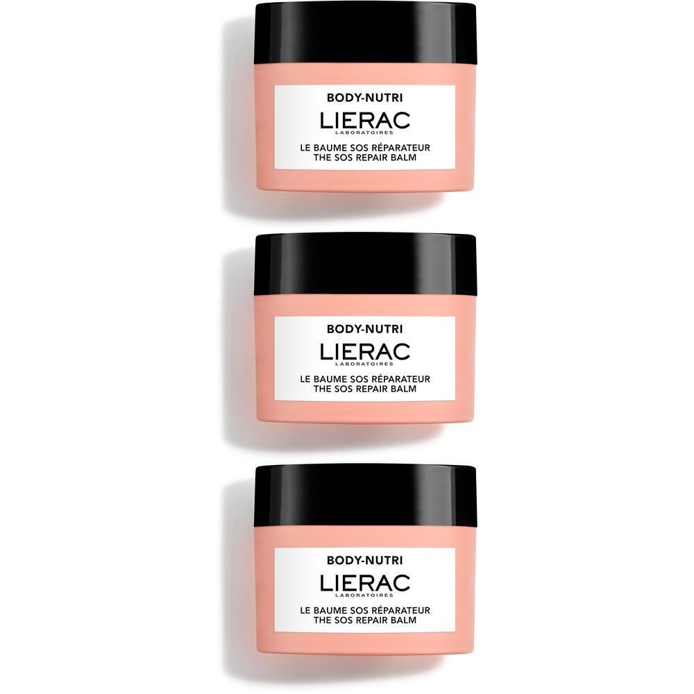 Trois pots Lierac Body Nutri+ Baume SOS Réparateur avec couvercles noirs.